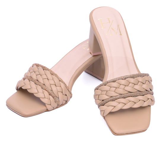 Beige Braided Block Heels
