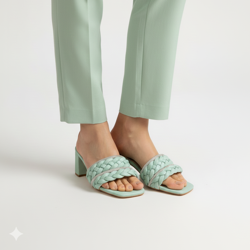 Mint green woven sandals worn with light green pants on a white background