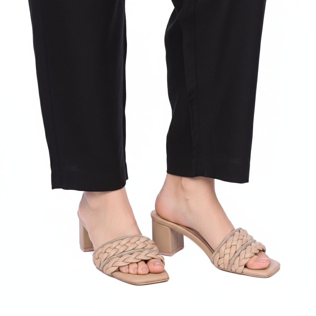 Beige Braided Block Heels