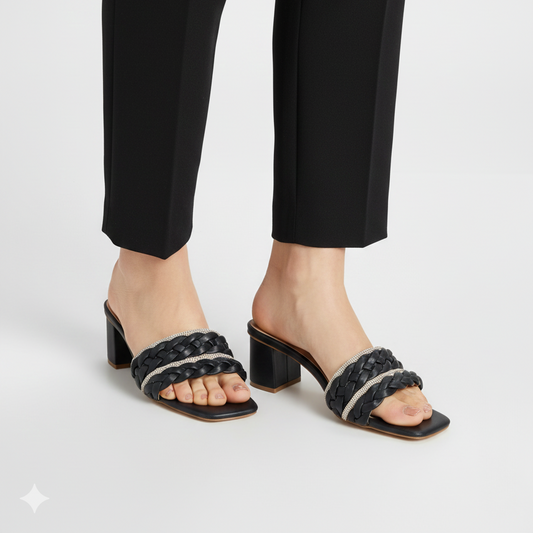 Black woven sandals worn with black pants on a white background
