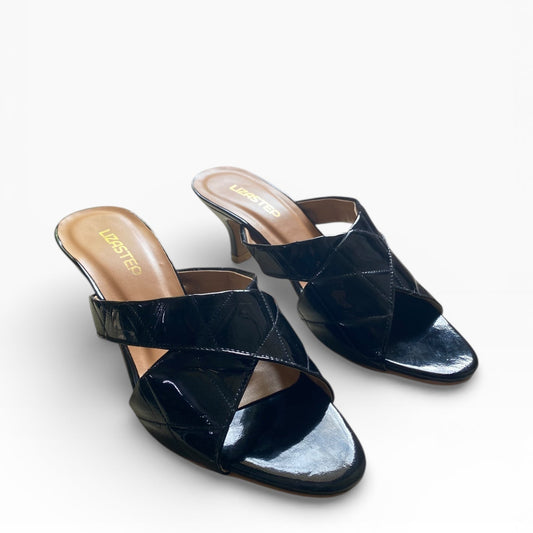 Pair of black high-heeled sandals on a white background